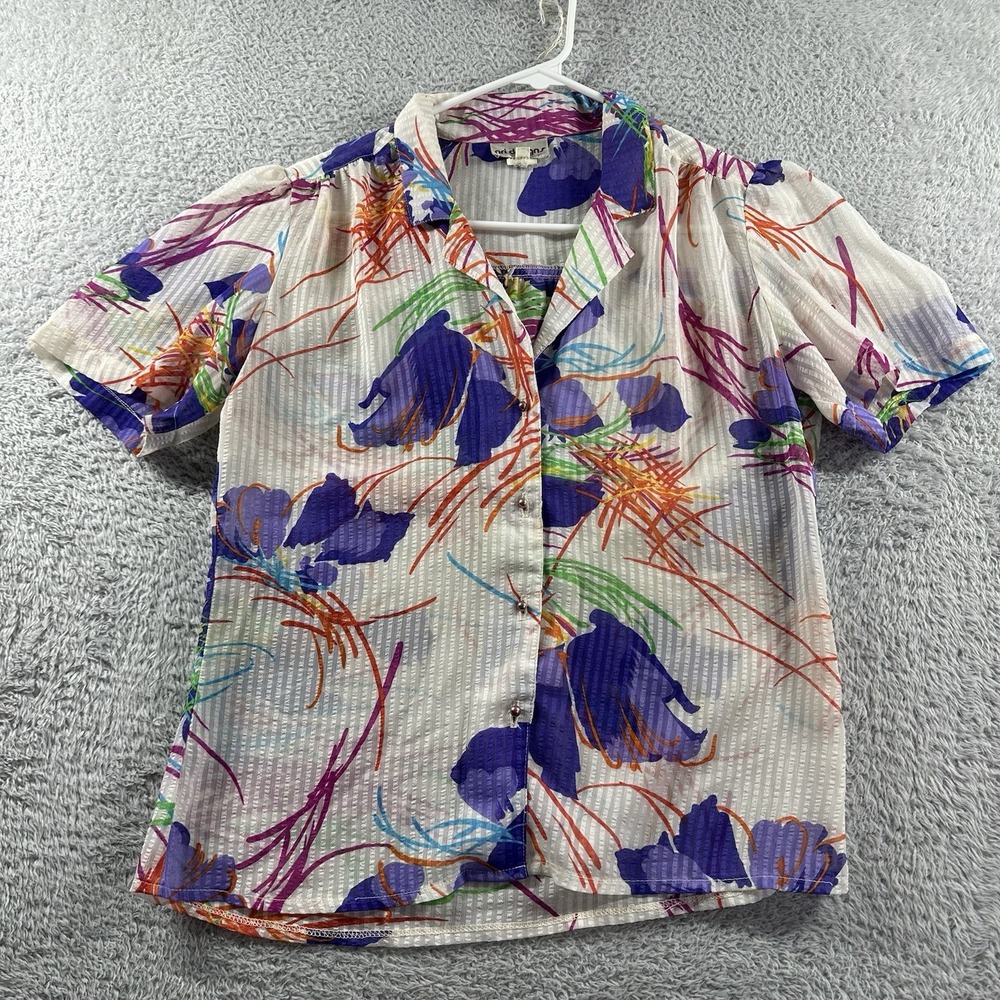VINTAGE Ari‎ Designs Floral Sheer Shirt Womens 9/10 Lightweight Cap Sleeve Butto